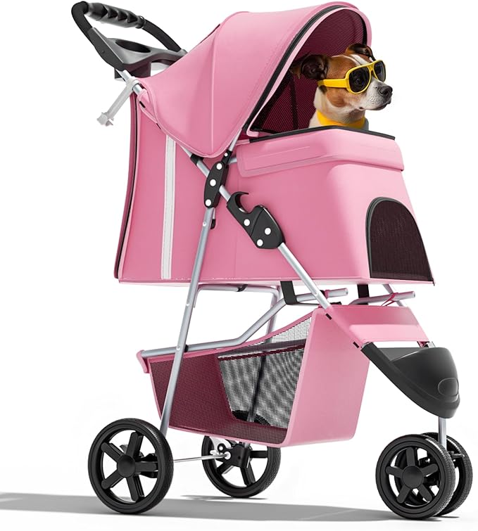 Magshion 3-Wheel Pet Stroller, Foldable Travel Jogger for Small & Medium Dogs & Cats (Up to 33lbs), Lightweight Carrier with Breathable Mesh Cover, Cup Holder & Storage Basket, Pink