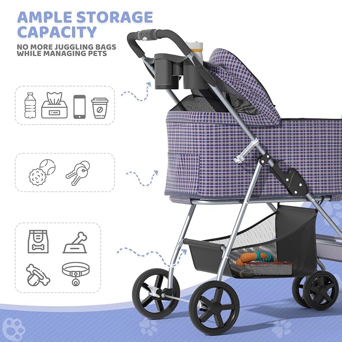 Magshion Foldable Pet Stroller, 3-in-1 Dog Travel Jogger with Detachable Carrier, Cup Holder, Storage Basket, Folding Carrier for Small/Medium Dogs & Cats Up to 33 lbs, Plaid
