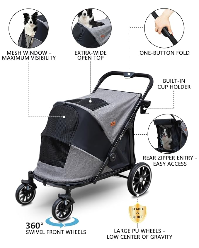 Dog Stroller for Large & Medium Dogs, Pet Stroller for 2 Dogs | 360° Wear-Resistant Wheels • Foldable Design • Breathable Mesh Windows • Heavy-Duty Construction • Fits 2 Dogs