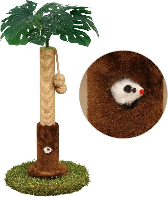 Woochpet Cat Scratching Post for Indoor Cats and Kitten - 24.8" Tall Cat Scratching Post with Sisal Rope,Palm Tree Cat Scratch Post with Hanging Ball, Small Brown