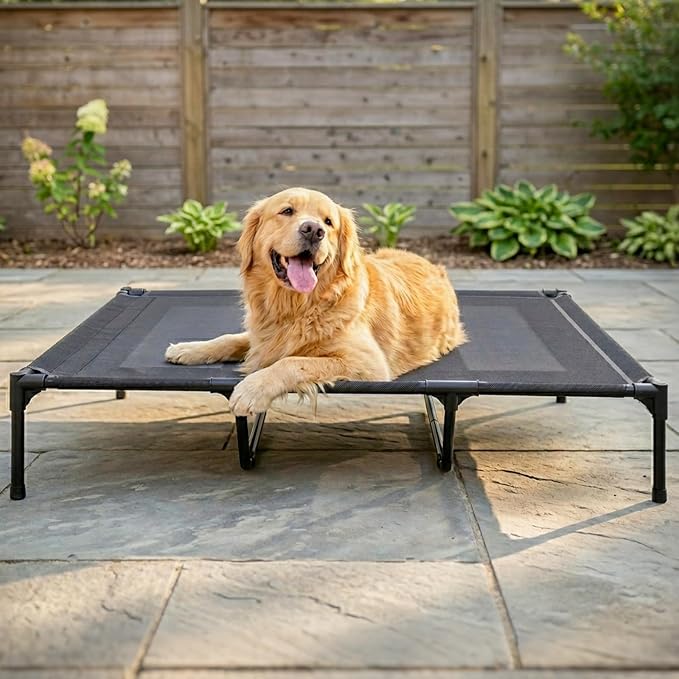 Elevated Dog Bed for Large Dogs 120lb, Breathable Cooling Raised Dog Cot with Dual Support Bars & Metal Frame, No-Slip Feet, Waterproof Pet Bed for Indoor/Outdoor, X-Large, 48 * 36 * 9in, Grey