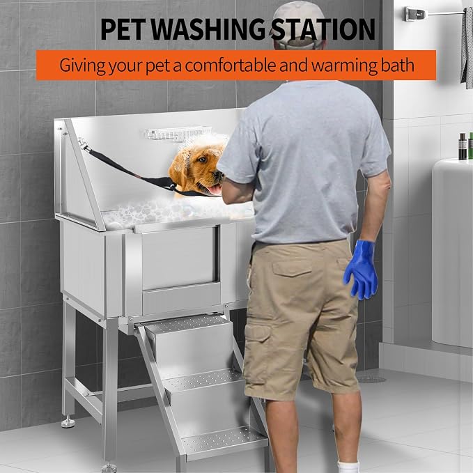 38" Stainless Steel Dog Washing Stations for Large Dogs, Pet oming Tub for Home, Professional Pet Bathtub Bathing Station, Cat Wash Station, Dog Shower Tub with Stairs, Drain & Door,L-Door