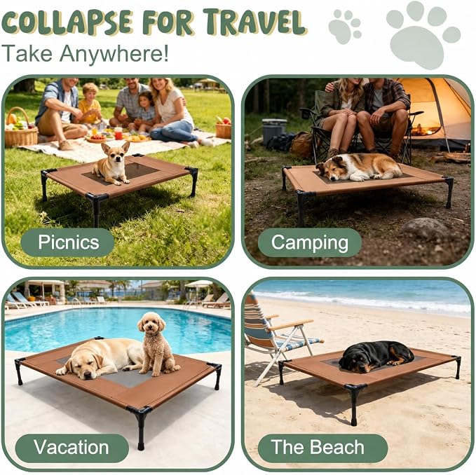 Elevated Dog Bed for Large Dogs - Outdoor Cooling Cot with Washable Breathable Mesh, Portable Raised Pet Bed with Non-Slip Feet & Waterproof Teslin, Heavy Duty & for Camping