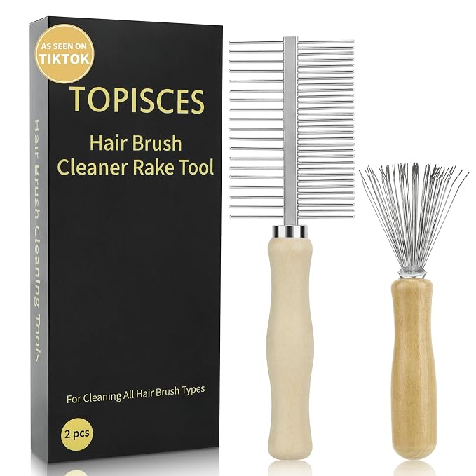 2-Pack Dual-Sided Hair Brush Cleaning Tool - Mini Cleaner Comb with Wooden Handle for Removes Hair & Buildup from Boar Bristle, Paddle, Detangling & Styling Brushes
