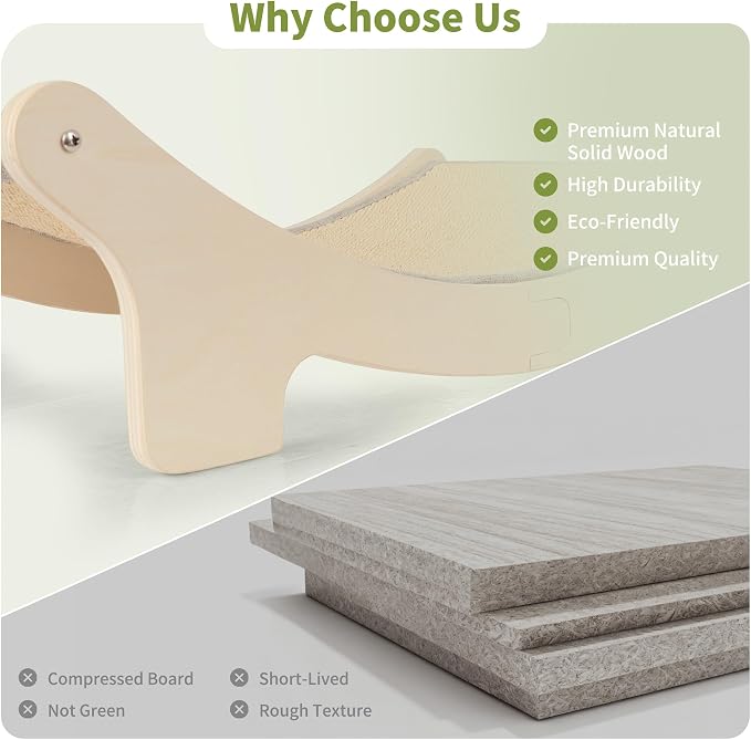 Sisal Cat Scratcher Bed for Indoor Cats, Upgraded Support Rods | Wooden Hammock Lounger, Elevated Scratch Pad for Large Cats up to 10 lbs, Natural Furniture Protector