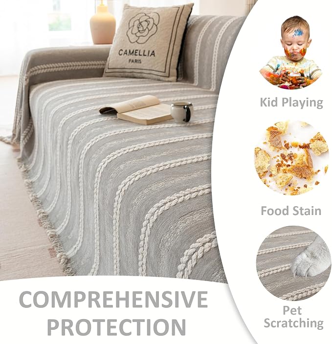 VClife Chenille Sofa Cover Bohemian Striped Pattern Couch Cover for 3 Cushion Sofa - Gray Creamy White Textured Sofa Slipcover Washable Furniture Protector for Couch Decorative Couch Cushion Cover