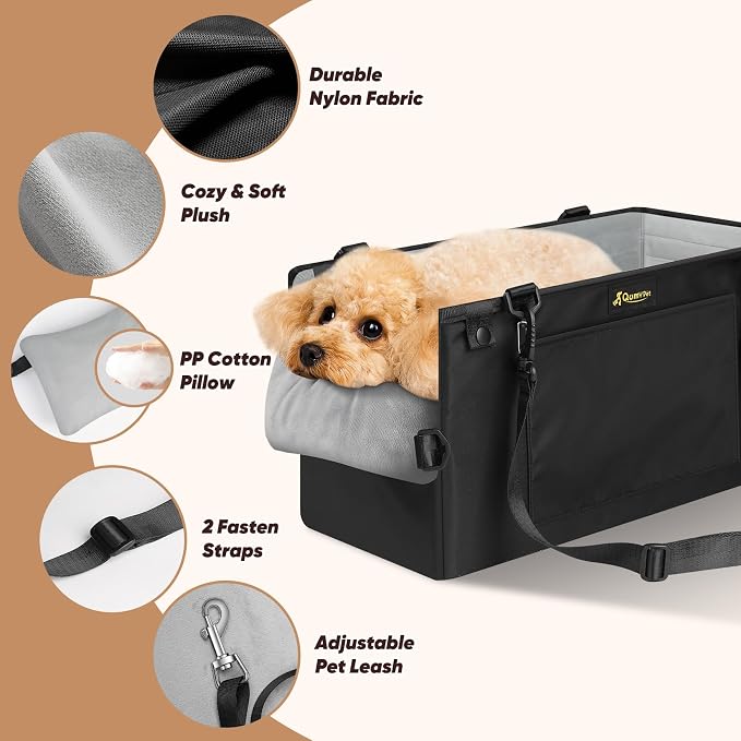 QUMY Middle Center Console Dog Car Seats for Small Dogs Up to 11lbs, Black | Portable Dog Booster Car Seat, Multi-Purpose Puppy CarSeat with Adjustable Harness, Small Dog Cat Pet Car Carriers for Travel