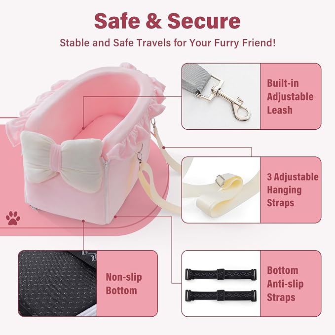Jaoul Dog Car Seat for Small Dogs - Fully Detachable with Adjustable Straps Center Console Dog Booster Seat - Comfortable Bow Design Pet Car Seats - Portable Pet Booster Seat for Puppy, Cat (Pink)
