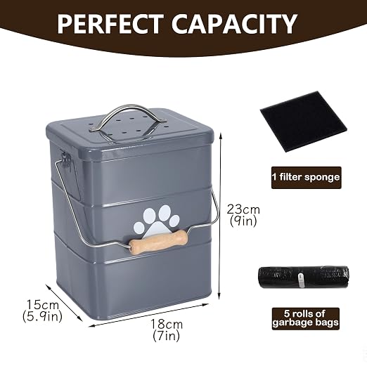 Small Dog Poop Trash Can Outside,1.5Gal/6L Metal Dog Waste Trash Can with Lid/Filter/Handle,Pet Waste Container Bucket with 75 Trash Bags-Gray