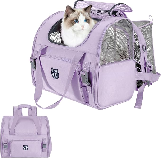Lollimeow Expandable Cat Carrier Backpack for Large Cats - Airline Approved Pet Carrier Backpack for Small Dogs, Hiking & Travel, Waterproof with Breathable Mesh, 22lbs Capacity (Lavender, Large)