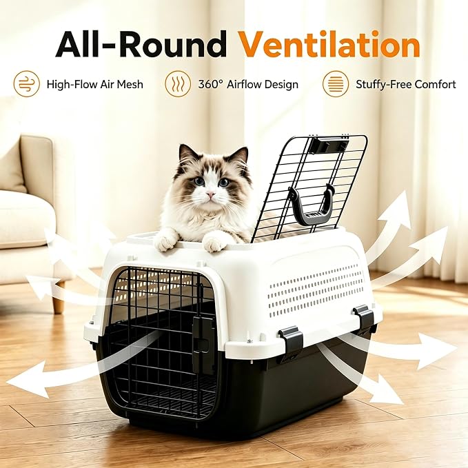 23" Airline Approved Cat Carrier Hard Shell, Dual-Entry Pet Carrier with Top & Front Doors, Detachable Food Bowl & Secure Lock, Breathable Dog Carrier for Cats & Small Dogs Up to 22 lbs - Black