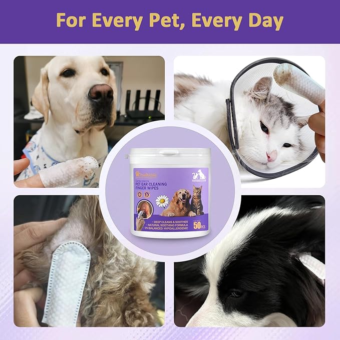 PawBubble Ear Wipes for Dogs and Cats, Dog Ear Finger Wipes, Gentle Ear Cleaner for Wax, Dirt & Odor, Relieves Discomfort & Soothes Ears, Non-Irritating, 50 Count