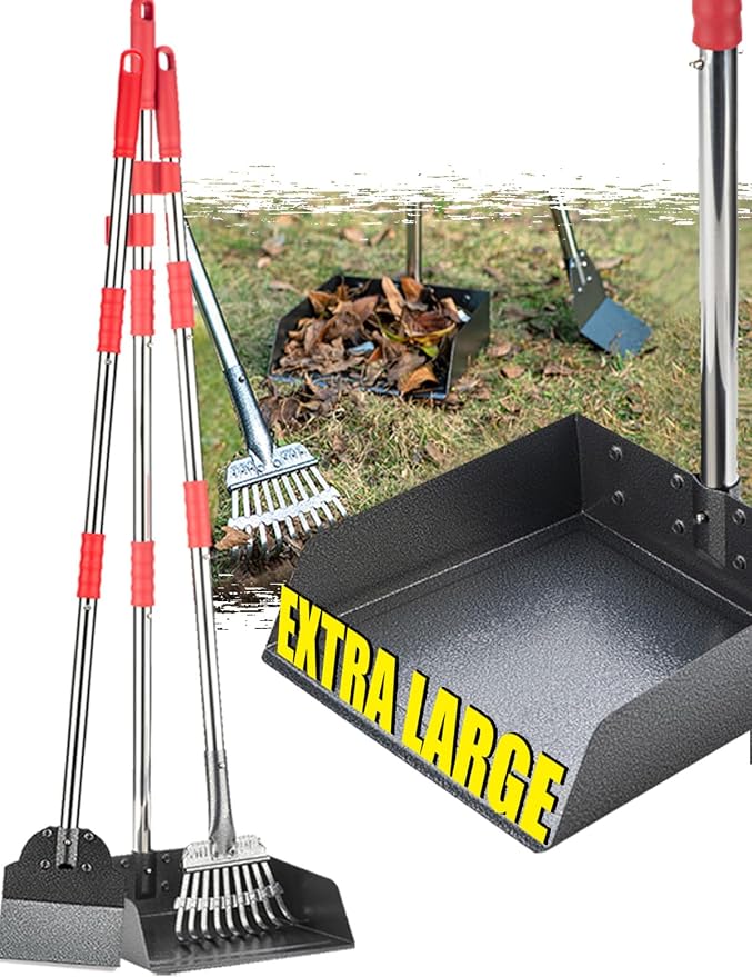 FUSBUNTY Dog Pooper Scooper Set, Pooper Scooper for Dog, Heavy Duty Stainless Steel Rake with Extra Large Tray & Spade No Bending Clean Up for Pet Waste Removal, for Grass, Dirt Or Gravel.