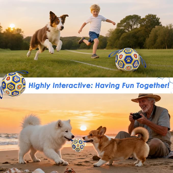 Vivifying Dog World Cup Soccer Ball Toy, 7 Inch Floatable Interactive Dog Toy for Medium Large Dogs, Durable PU Enrichment Ball with Nylon Straps for Outdoor Fetch, Training & Playing