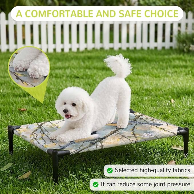 Outdoor Elevated Dog Bed for Medium Dogs, Birds Branches Breathable Cooling Raised Dog Cot for Indoor/Outdoor, Country Elegant Pastoral Floral Waterproof Elevated Pet Beds, M 24 x 20 in