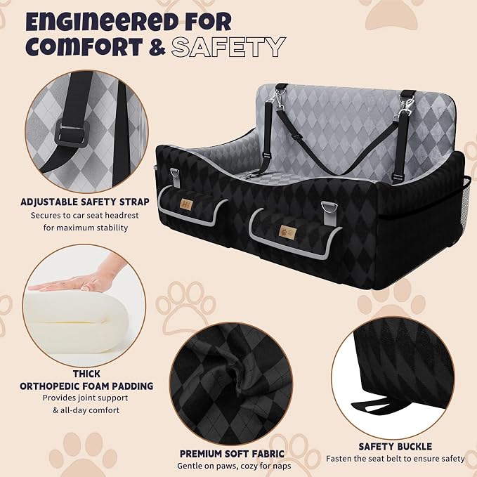 Dog Car Seat for Medium/Large Dogs up to 55lbs, 4-Pocket Storage Memory Foam Dog Booster Seat, Detachable Washable Pet Car Seat with Safety Belt, Outdoor & Indoor Use (Blue/Grey)