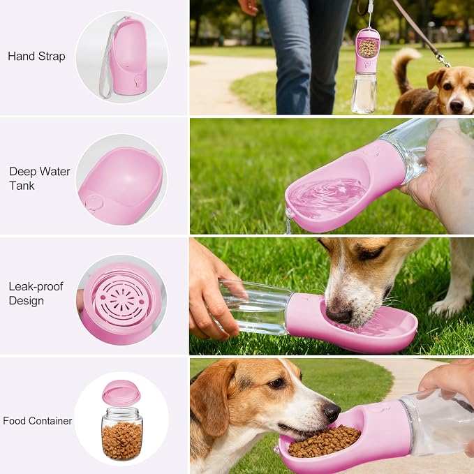 Dog Water Bottle, Portable Water Bottle with Food Container for Dogs Cat Pet Hiking Walking Travel Camping, Leak-Proof Dog Water Bowl Dispenser with Feeder Function Puppy Essentials