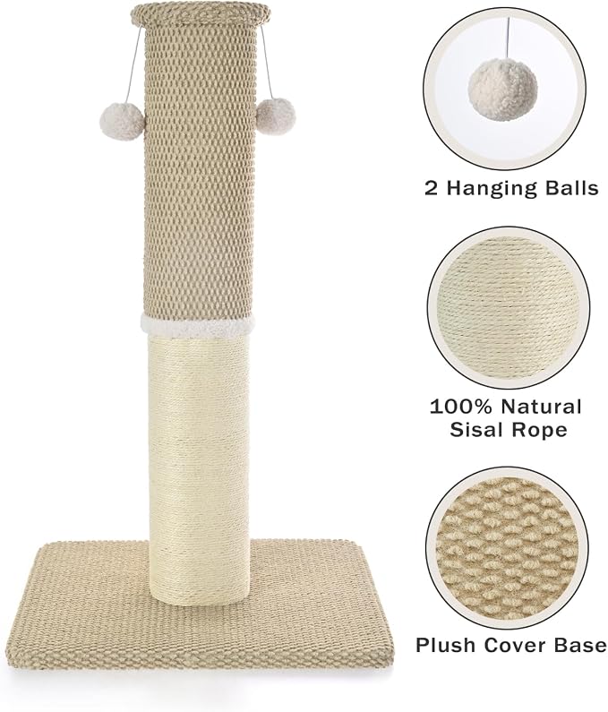 Made4Pets Cat Scratching Post with Sisal & Carpet for Indoor Cats, 23.6" | Cat Scratcher with Wide Stable Base, Interactive Hanging Toys, Ideal for Kittens, Small Cats and Everyday Indoor Play