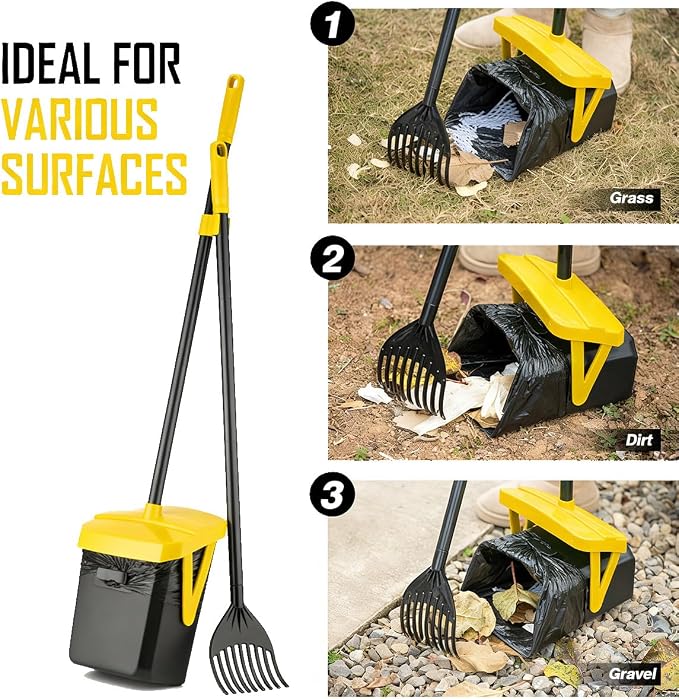 FUSBUNTY Pooper Scooper Swivel Bin & Rake with 100 Waste Bags, Dog Pooper Scooper with Bag Attachment for Large Medium Small Dogs, Poop Scooper with Lid for Lawn Yard Dog Kennel - Yellow
