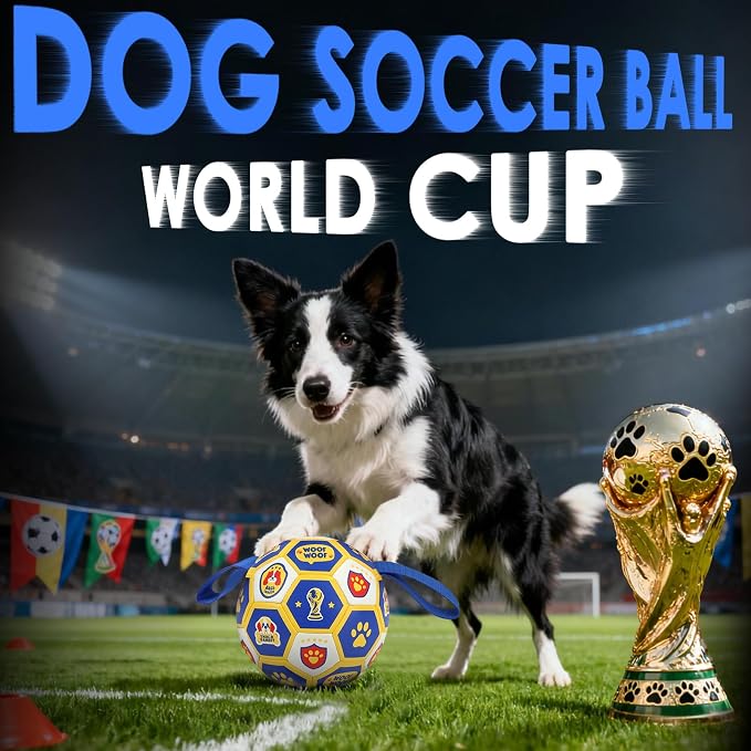 Vivifying World Cup Dog Toys Balls, Interactive Soccer Ball for Small Medium Dogs, Durable PU Enrichment Training Toy with Straps for Indoor and Outdoor Tug-of-War & Playing (6 Inches)