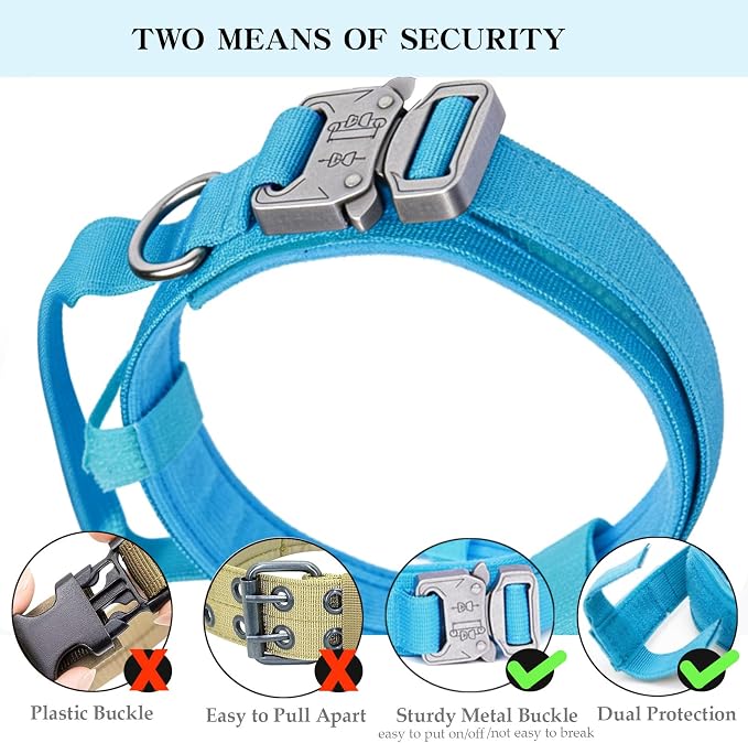 Tactical Dog Collar for Large Dogs with Control Handle,Blue,XL | 1000D Heavy-Duty Nylon Fabric,Quick-Release Metal Buckle,Adjustable Fit,Soft-Padded Webbing,D-Ring,for Training & Hiking