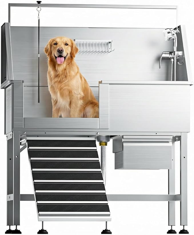 46" Dog Washing Station, 304 Stainless Steel, 440 lb, Side Ramp | hot cold faucet, fixed sprayer, shampoo dispenser, storage drawer, S-trap, hair filter, garage outdoor grooming