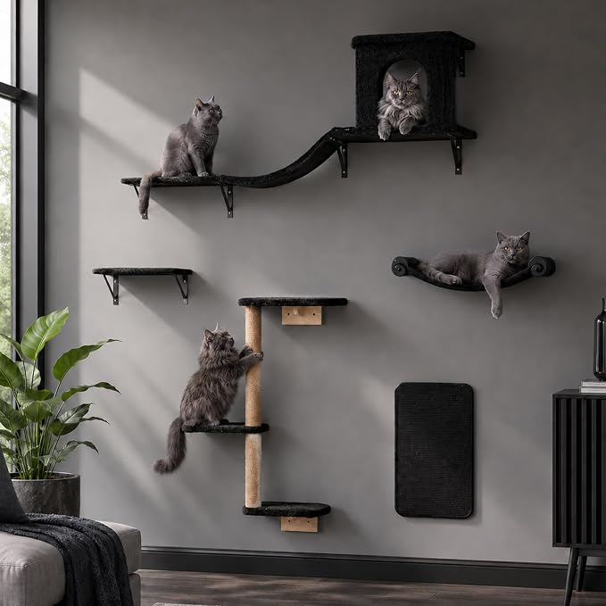 Wall Mounted Cat Furniture Combo of 5, 5 in 1 Cat Shelves with Hammock, Bridge, Climbing Tree, Scratcher & Perch – Indoor Wall Cat Playground for Large Cats, Holds Up to 30 lbs,