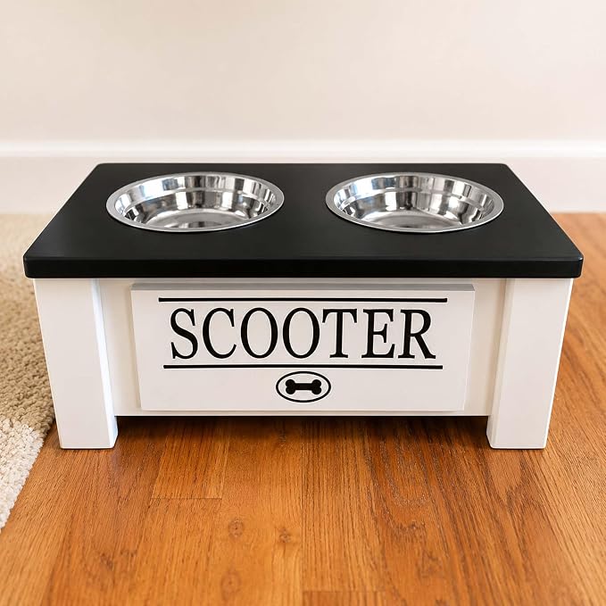 Elevated Dog Bowls for Small Dogs, Personalized Food Stand for Small Breed | Farmhouse Style, Elevated Wood Stand, Storage Container, Stainless Steel Bowls, Raised Anti-Slip Feeder, Made in USA