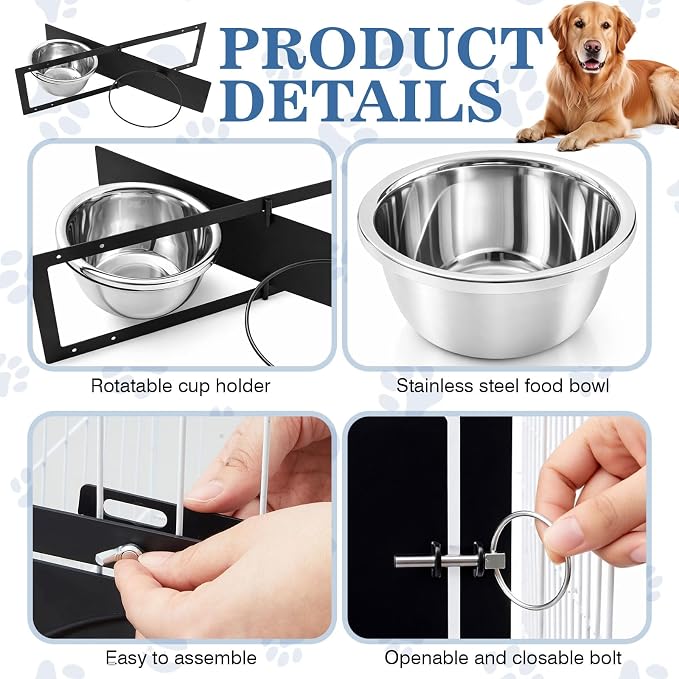 LemonRoad 2 Pcs 57oz Stainless Steel Dog Kennel Swivel Feeder Bowls with Swivel Gate Mountable Dog Feeding Station(23.6" X7") for Large Medium Dogs Feeding Cages Crate Outdoor Kennel