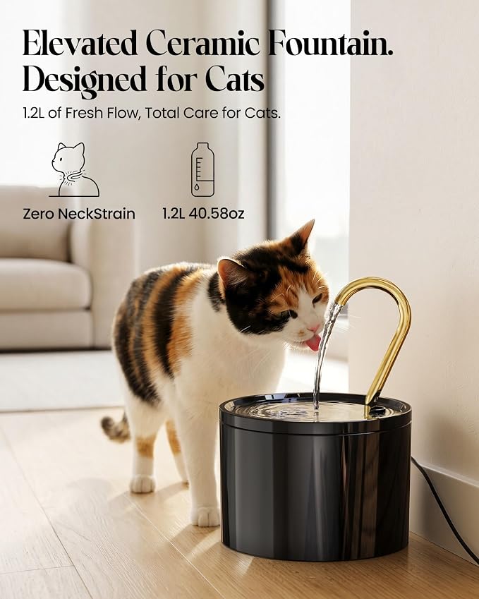 Tomxcute Ceramic Cat Water Fountain: 1.2L/40oz Compact BPA-Free All Ceramic Body-Pure Copper Water Spout for Cats Puppies-Small Pets Ultra-Quiet Pump 2 Filters