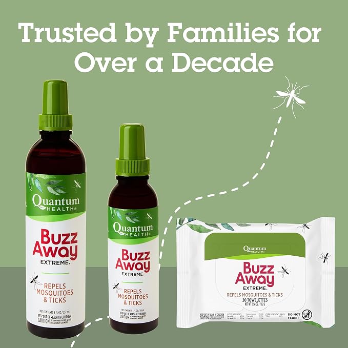 Quantum Health Buzz Away Extreme Mosquito & Tick DEET-Free Repellent, 4 oz | Effective Outdoor Bug Spray, Kid-Friendly, Geraniol, Peppermint, Citronella, Thyme & Clove, Independent Field Tested