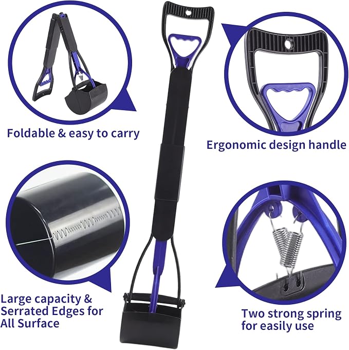 32'' Pooper Scooper for Large Small Dogs Heavy Duty, Long Handle Poop Scoop for Yard, Grass, Gravel, Dog Poop Grabber with High Strength Material and Durable Spring(Blue)