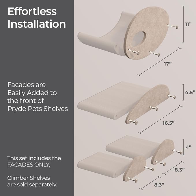Pryde Pets Wall Mounted Cat Shelves with Facade Covers (Set of 4) 100% Sustainable PET Felt Feline Enrichment Climbing Walkways Furniture with Privacy & Safety, Modern Design for Cats (Oatmeal)