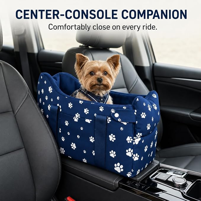 Dog Car Seat for Small Dogs 5-15 lbs, Navy Blue | Center Console Puppy Booster and Portable Travel Bed, Anti-Collapse Design with Washable Fluffy Cushion