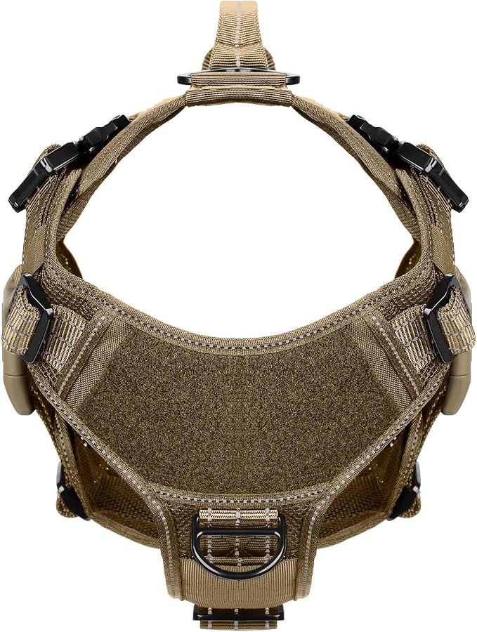 ICEFANG Tactical Mesh Dog Harness X-Large Dogs,Reflective Dog Molle Vest | Summer-Cooling, Control Handle,Adjustable,Front Hook,3 Leash Clips,Soft Padded,No Pull,Brown,X-Large