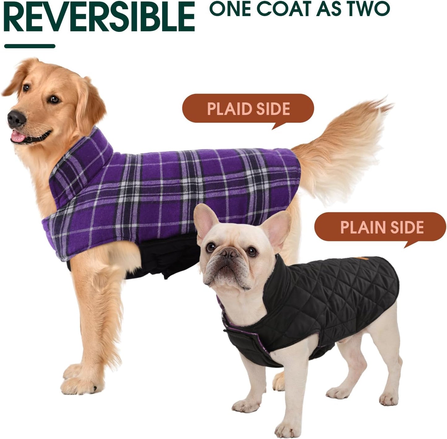 Kuoser Warm Dog Coat, Waterproof Dog Jacket for Extra Large Dogs, Adjustable Durable XXL Doggie Winter Coat Reversible Puppy Cold Weather Apparel from Small to Large Breed, Purple XXL