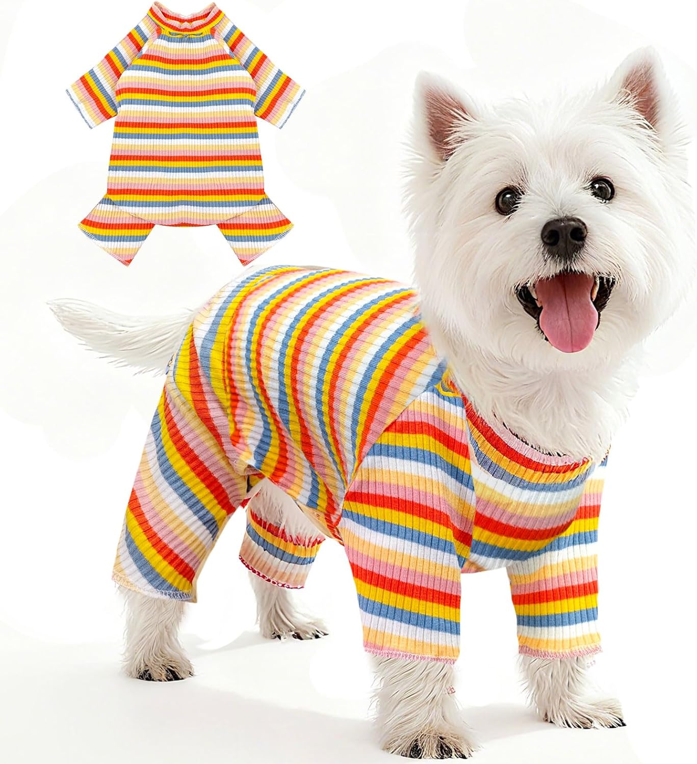 BAEJMJK Striped Dog Pajamas Stretchy Cute Four-Legged Boy Girl Dog Clothes with Sleeves Comfortable Dogs Jumpsuit Colorful Pet Puppy Outfits Apparel for Small Medium Dogs Cats (Yellow,Large)