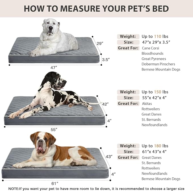WNPETHOME Orthopedic Giant Human Dog Beds for Adult & Dog Cozy Sleep | Human Washable Waterproof Dogs Bed with Removable Cover, Multi-Needle Quilting Dogs Crate Bed for Relax ,Grey 61x43 Inch
