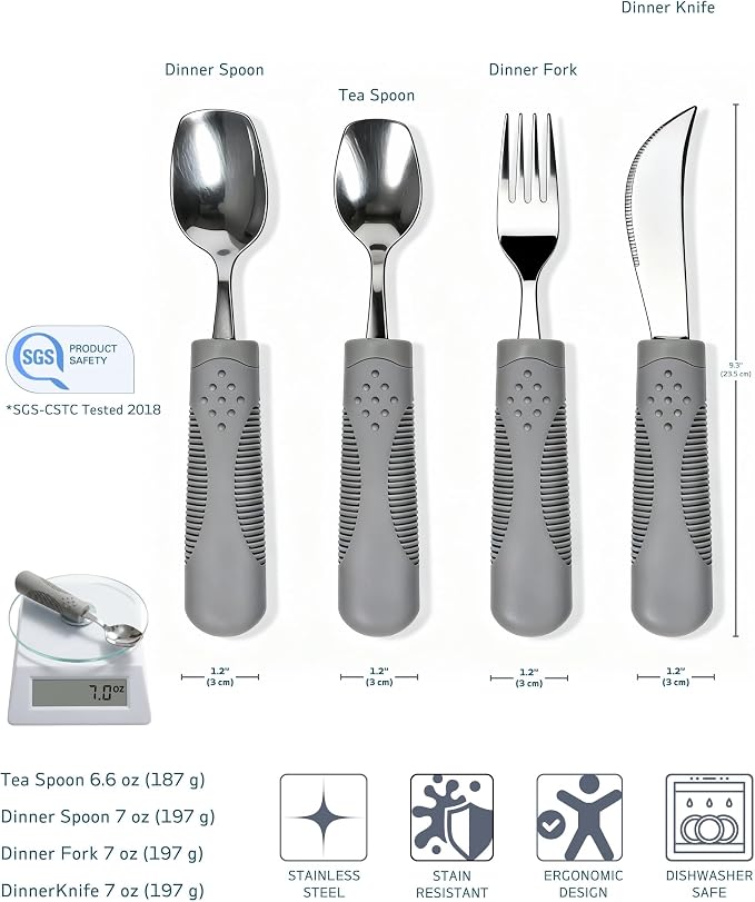 7 oz Heavy Weighted Adaptive Utensils Set with Rocker Knife - Maximum Weighted Silverware for Severe Parkinson's, Heavy Hand Tremors & Essential Tremor, Extra Stability Grip (Grey)