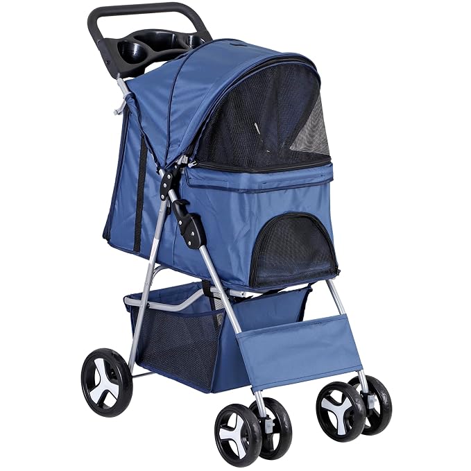Pet Stroller for Medium Small Dogs - Easy to Walk Folding Travel Carrier Strolling Cart with Cup Holder, Weather Cover and Storage Basket (Navy Blue)