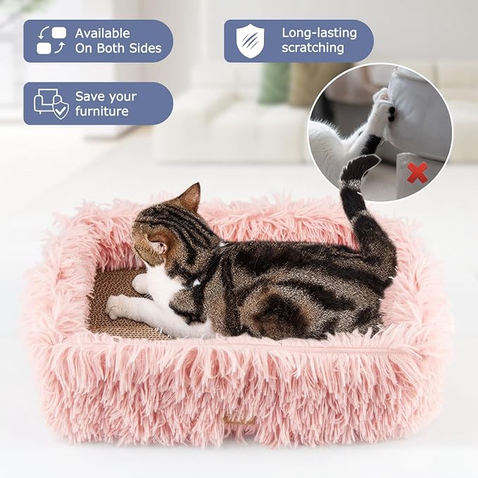 Cat Lounge Scratcher Box with Removable Cardboard (Pink) | High-density Corrugated Cardboard with Double-sided Use, Soft Long Plush, Release Stress and Protect Furniture