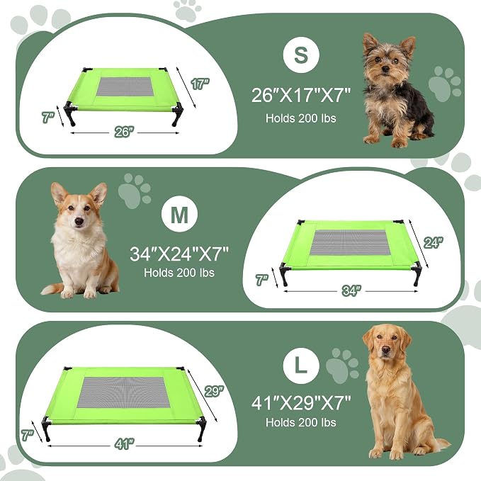 Elevated Dog Bed for Large Dogs - Outdoor Cooling Cot with Washable Breathable Mesh, Portable Raised Pet Bed with Non-Slip Feet & Waterproof Teslin, Heavy Duty & Chew Proof for Camping (Green, Medium)