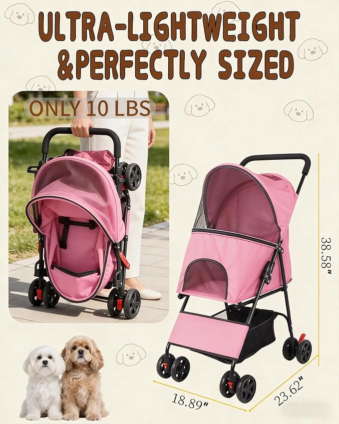 Pet Stroller for Small Medium Dogs Cats - Lightweight Foldable Dog Stroller | 33lbs, 4 Wheels All Terrain Cat Stroller, Breathable Mesh &Safety Tether, Storage Basket for Outdoor Walks, Pink Dog Stroller