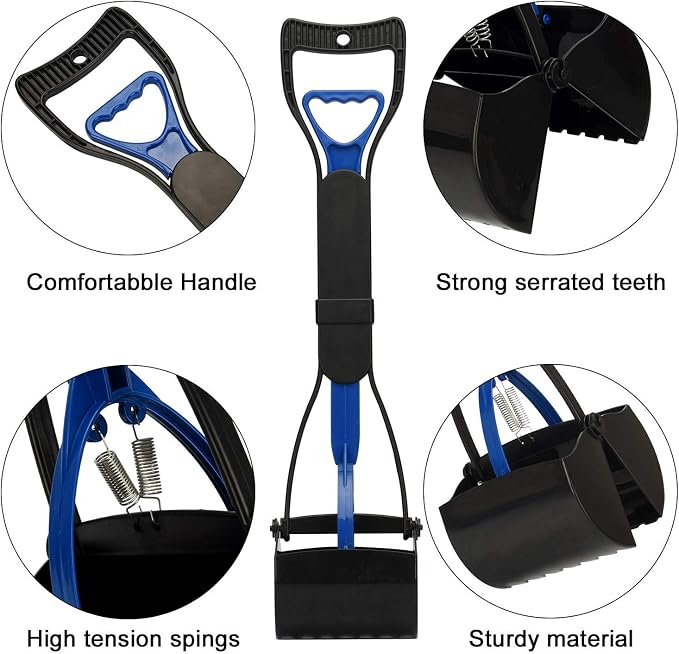 UPSTONE Folding Pets Pooper Scooper Set for Dogs with Poop Bags Waste Pick up Best Long Handle Scoop Easy to use Portable and Heavy Duty with Jaw Claw Bin (23.5 inches) Blue.