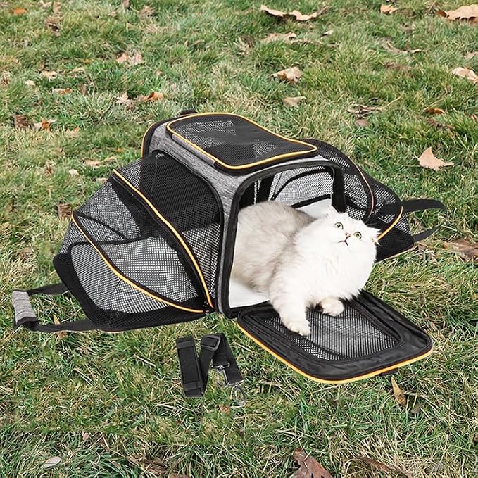 Expandable Cat Carrier Pet Carrier with 2 Extensions,Airline Approved Soft-Sided Portable Dog Travel Washable Carrier for Kittens,Puppies,Removable Soft Plush Mat (Grey Orange, Small)