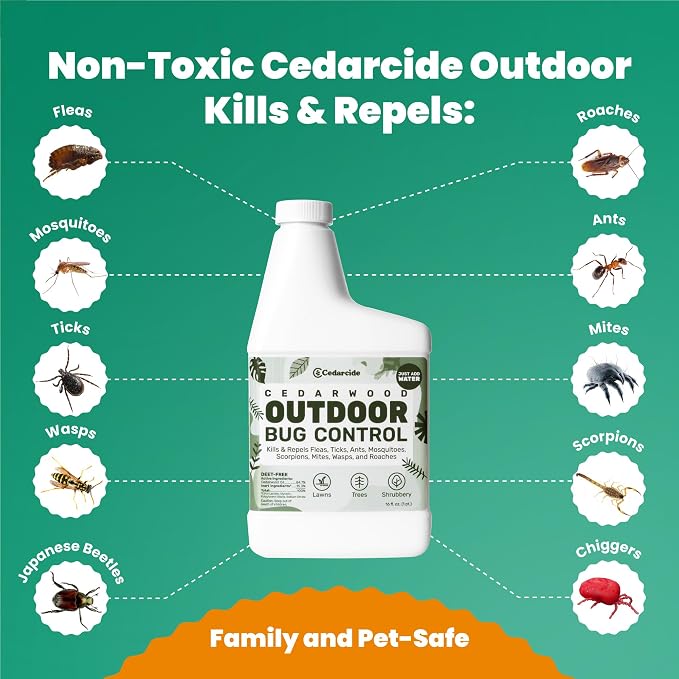 Cedarcide Outdoor Bug Control Concentrate | Kills & Repels Mosquitoes, Fleas, Mites & More with Natural Essential Oils | Family & Pet-Safe | PCO Choice | Quart with Sprayer Included