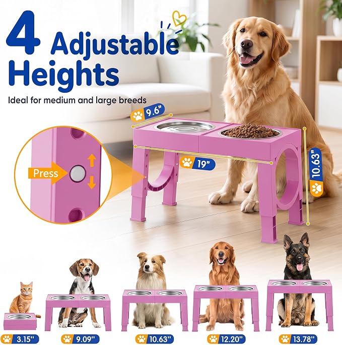 XIAZ Elevated Dog Bowls Large Breed Raised Dogs Bowl Stand Large/Medium Sized Dog Stainless Steel Food Water Bowl Stands 5 Heights Adjustable 9/11/12/14in Pet Feeder Dish Station