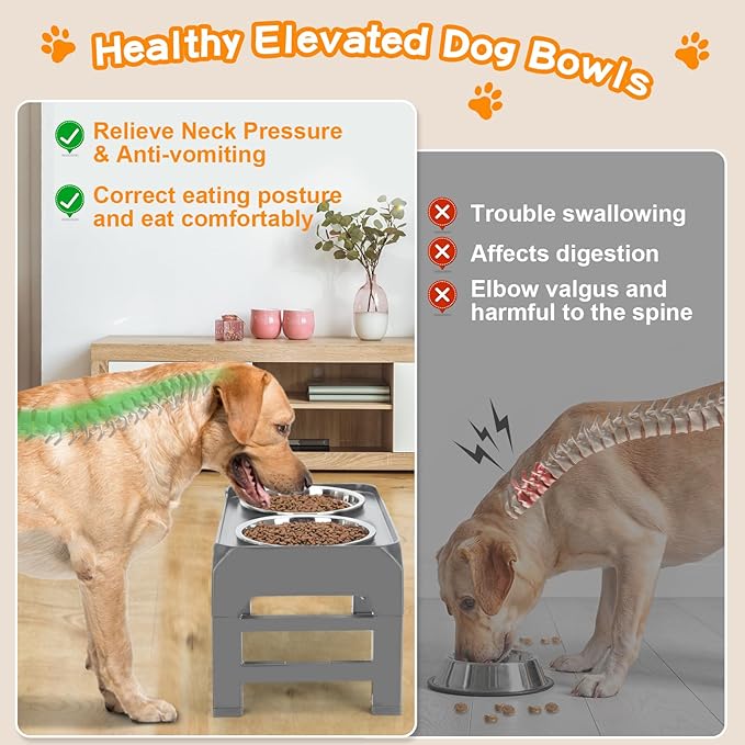 Elevated Bowls, 4 Height Adjustable Raised Stand with 2 Thick 50oz Stainless Steel Food Bowls, Non-Slip Feeder for Large Medium Dogs, Adjusts to 3.7", 9.2", 10.75", 12.36" Grey (Pack of 2)