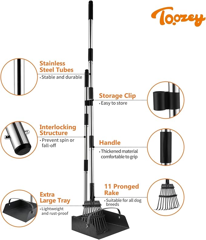 Toozey Dog Pooper Scooper for Large Dogs, Extra Large 54.33" Long Handle | Extra Reach for Taller Users | Less Bending Cleanup | Metal Tray & Rake | Fits Standard 13-Gallon Trash Bags