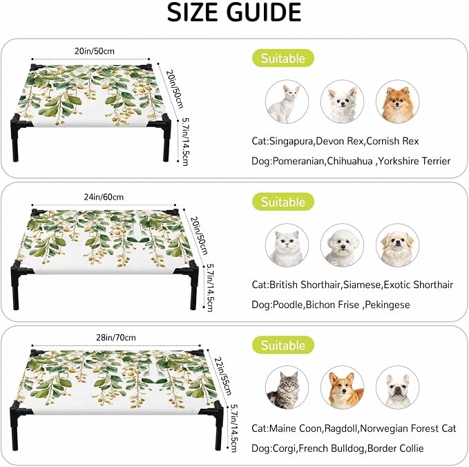 Outdoor Elevated Dog Bed for Medium Dogs, Floral Vine Breathable Cooling Raised Dog Cot for Indoor/Outdoor, White Hanging Buds Botanical Flowers Farmhouse Waterproof Elevated Pet Beds, M 24 x 20 in